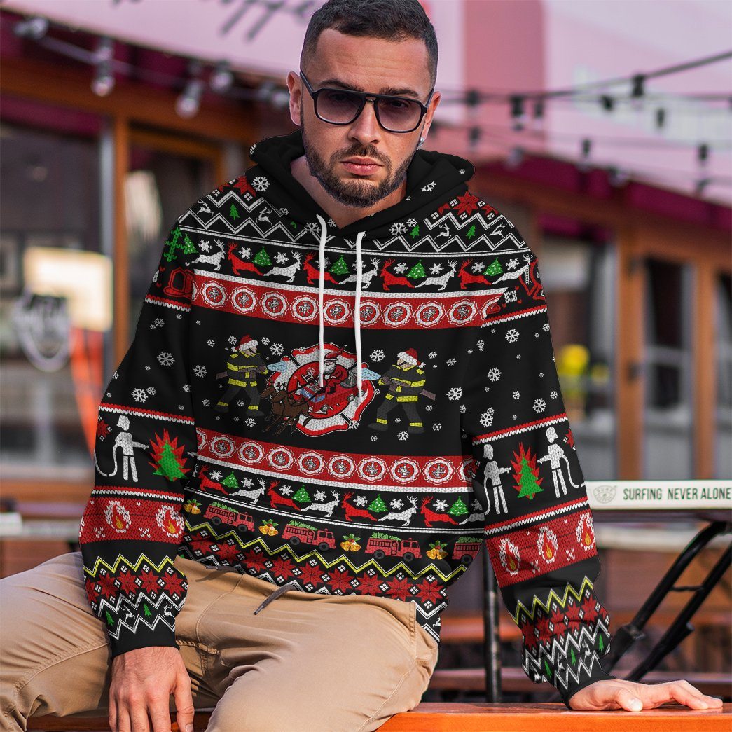 Gearhumans 3D Xmas Firefighter Ugly Christmas Sweater Custom Hoodie Ap