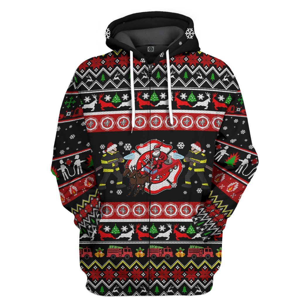 Gearhuman 3D Xmas Firefighter Ugly Christmas Sweater Custom Hoodie Apparel GV071011 3D Apparel Zip Hoodie S 