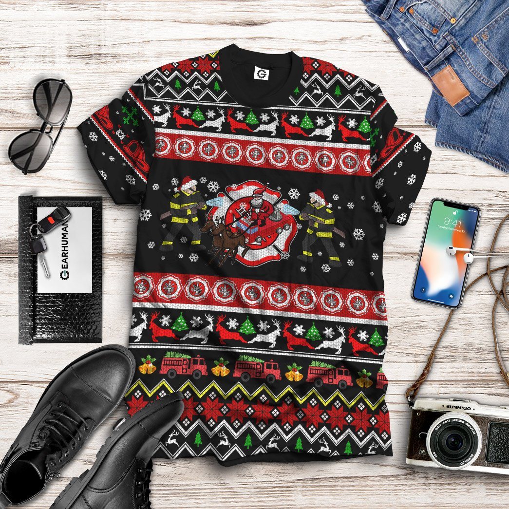 Gearhuman 3D Xmas Firefighter Ugly Christmas Sweater Custom Tshirt Apparel GV071011 3D T-shirt 