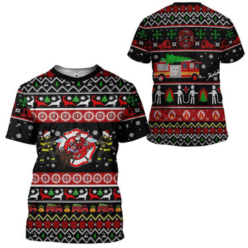 Gearhumans 3D Xmas Firefighter Ugly Christmas Sweater Custom Tshirt Apparel