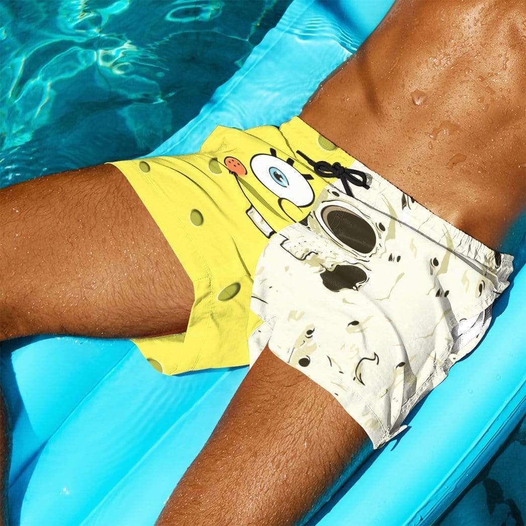 Gearhumans 3D A Half Of Face SpongeBob SquarePants Custom Summer Beach Shorts Swim Trunks GV19068 Men Shorts 
