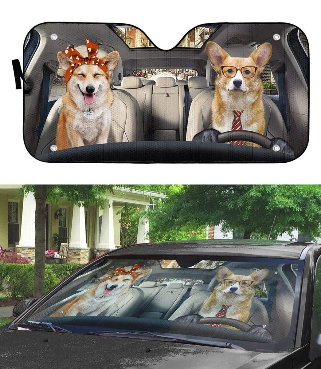 gearhumans 3D Adorable Couple Corgi Dogs In Car Custom Car Auto Sunshade GV230622 Auto Sunshade 