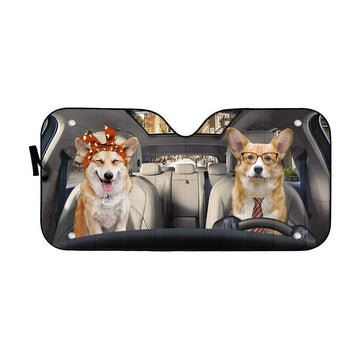 gearhumans 3D Adorable Couple Corgi Dogs In Car Custom Car Auto Sunshade GV230622 Auto Sunshade 57''x27.5'' 