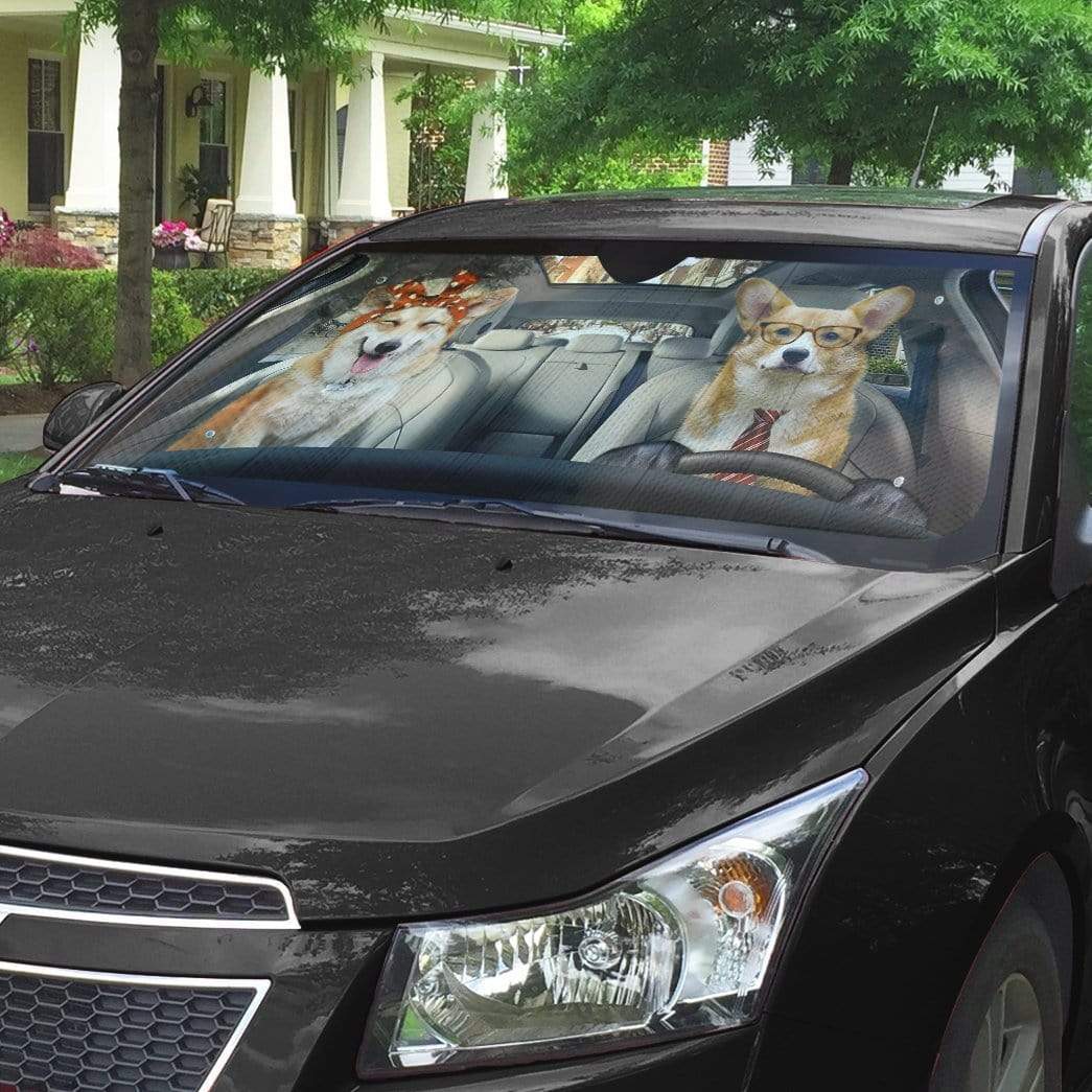 gearhumans 3D Adorable Couple Corgi Dogs In Car Custom Car Auto Sunshade GV230622 Auto Sunshade 