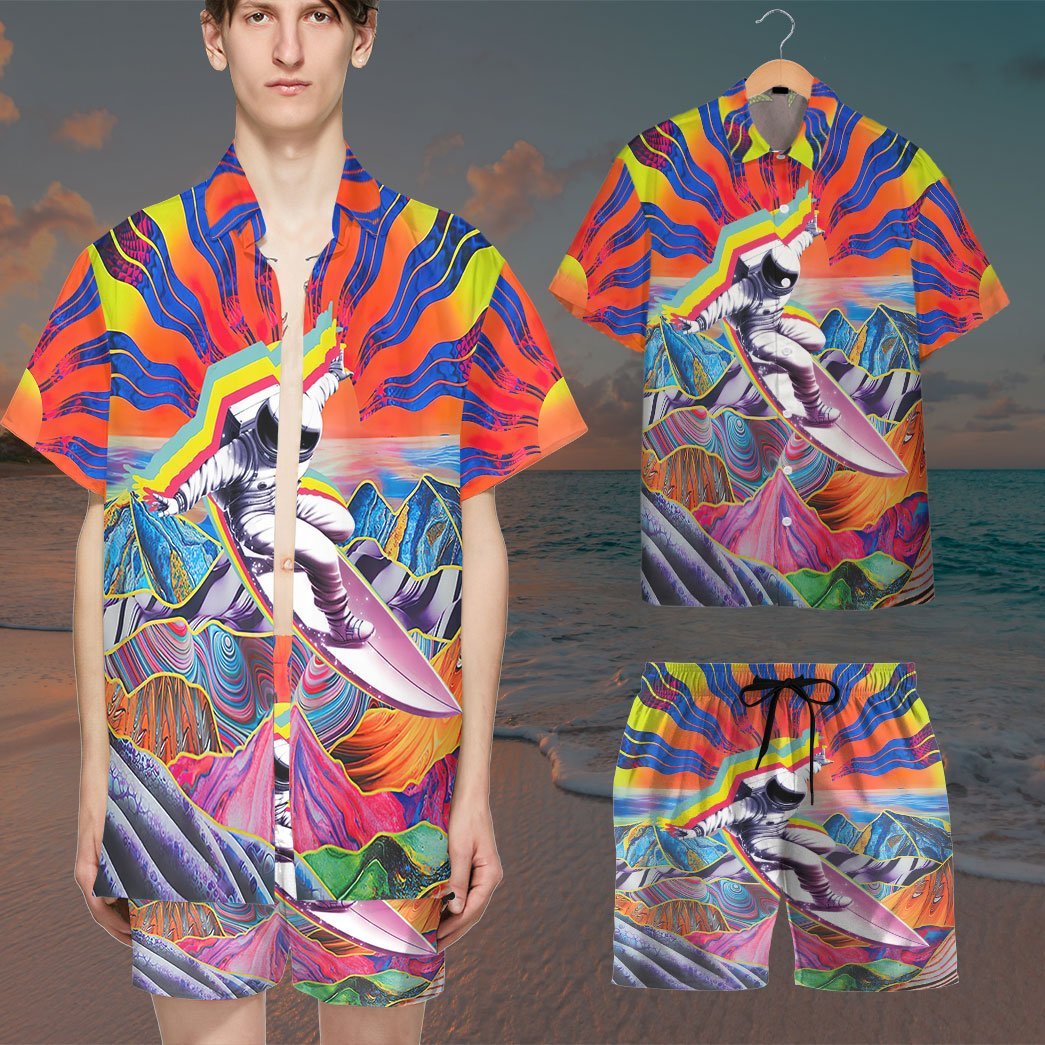Gearhumans 3D Astronaut Surfing In Hippie Trippy Mountain Custom Short Sleeve Shirt GS2506215 Hawai Shirt 