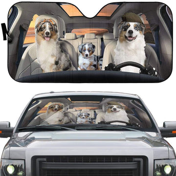 Gearhumans 3D Australian Shepherd Family Dogs Custom Car Auto Sunshade