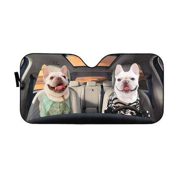 Gearhumans 3D Beach Love Bulldog Couple Custom Car Auto Sunshade