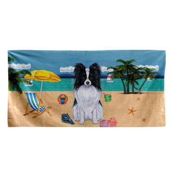 Gearhumans 3D Black and White Papillon Dog Custom Beach Towel