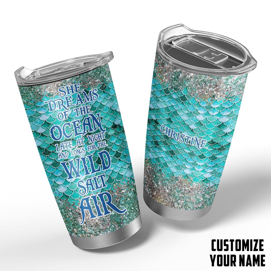 Gearhumans 3D Blue Sparkle Mermaid Tail Custom Name Design Insulated Vacuum Glitter Tumbler GW1506212 Tumbler 