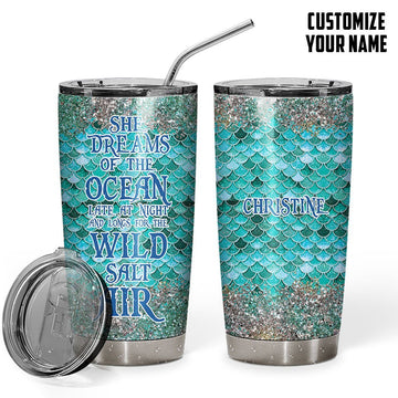 Gearhumans 3D Blue Sparkle Mermaid Tail Custom Name Design Insulated Vacuum Glitter Tumbler