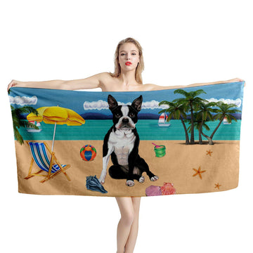 Gearhumans 3D Boston Terrier Dog Custom Beach Towel