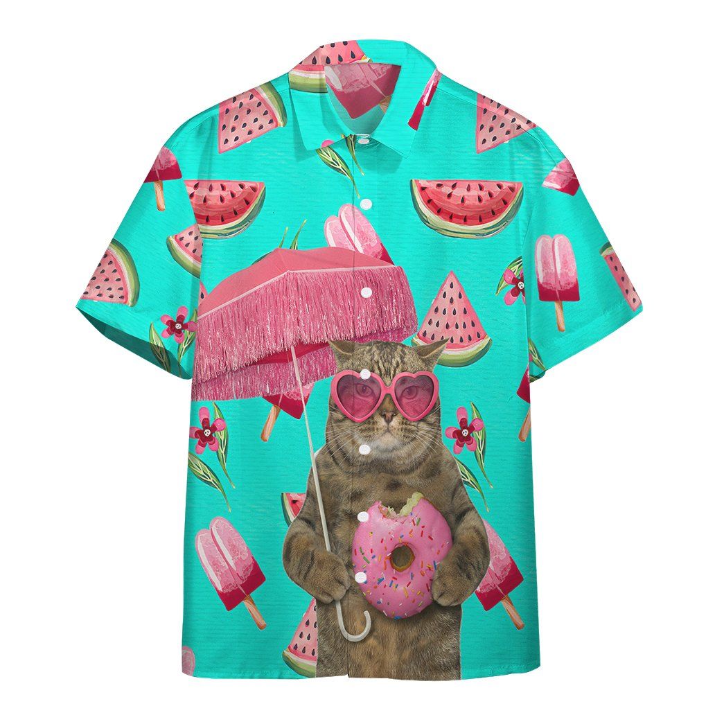 Gearhumans 3D British Shorthair Cat In Sunglasses With A Pink Donut Custom Short Sleeve Shirt GO05052116 Hawai Shirt Short Sleeve Shirt S 