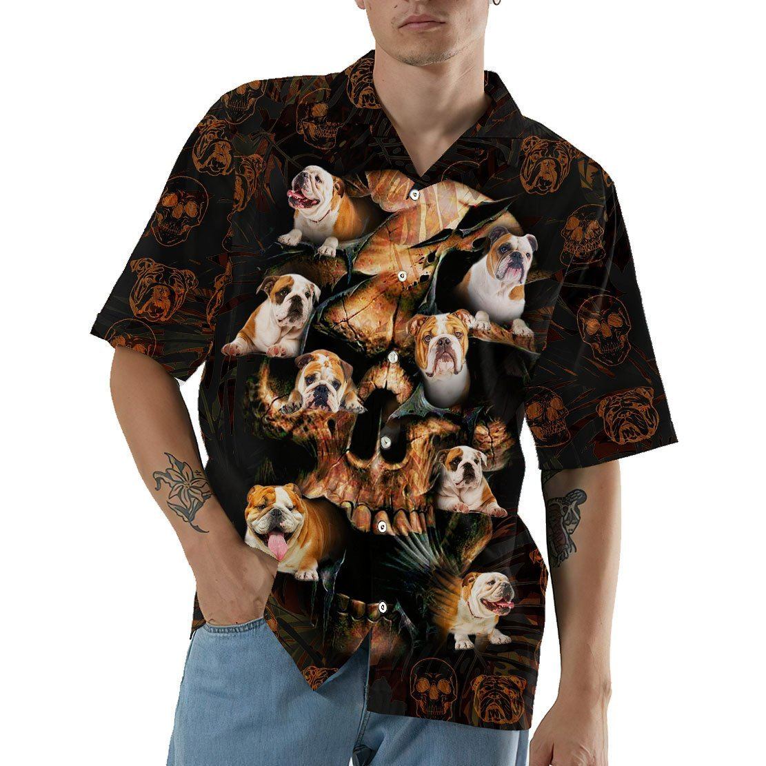 Gearhumans 3D Bulldog Skull Hawaii Shirt