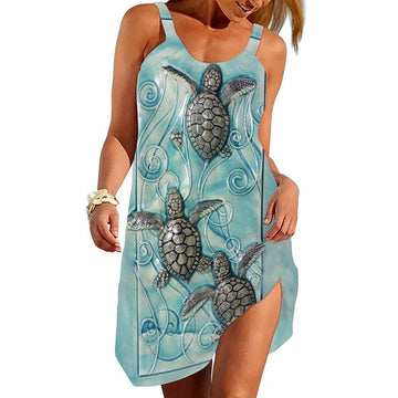 Gearhumans 3D Ceramic Turtle Heading To Sea Custom Sleeveless Beach Dress