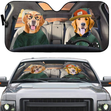 Gearhumans 3D Cool Couple Golden Retrievers Custom Car Auto Sunshade