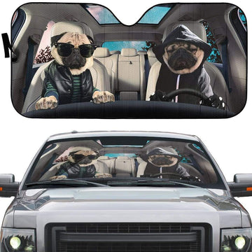 Gearhumans 3D Cool Pug Couple Dogs Custom Car Auto Sunshade