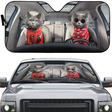 Gearhumans 3D Couple Chartreux Cats Custom Car Auto Sunshade