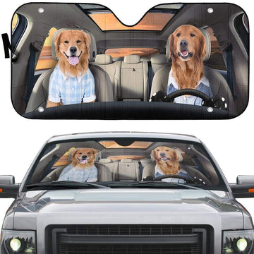 Gearhumans 3D Couple Friend Golden Retrievers Custom Car Auto Sunshade