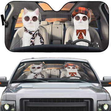 Gearhumans 3D Cute Couple White Cats Custom Car Auto Sunshade