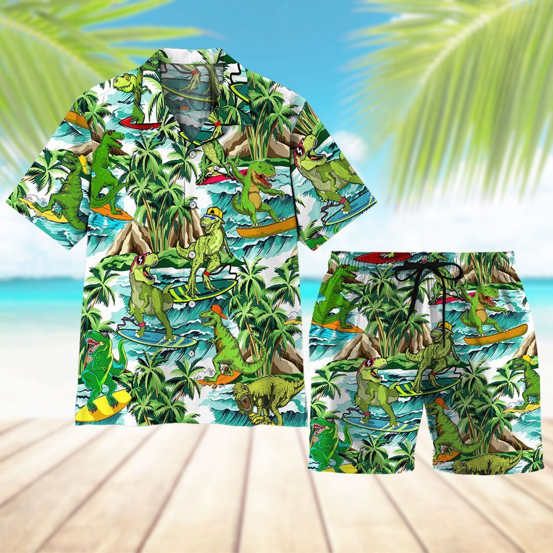Gearhumans 3D Dinosaur Surfing Hawaii Shirt ZZ2806211 Short Sleeve Shirt 