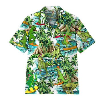 Gearhumans 3D Dinosaur Surfing Hawaii Shirt ZZ2806211 Short Sleeve Shirt Short Sleeve Shirt S 
