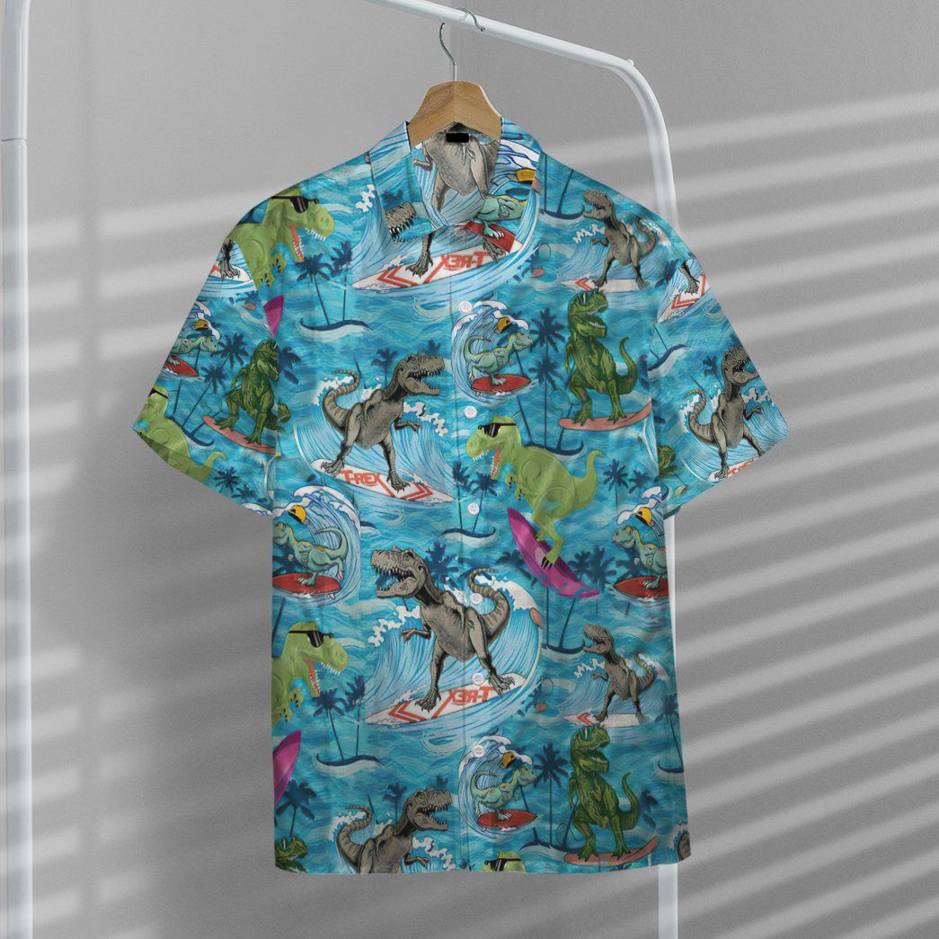 Gearhumans 3D Dinosaurs Surfing Hawaiian Custom Short Sleeve Shirts GW1406212 Hawai Shirt 