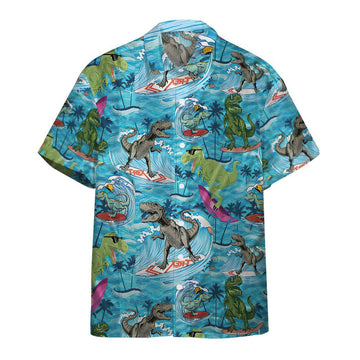Gearhumans 3D Dinosaurs Surfing Hawaiian Custom Short Sleeve Shirts