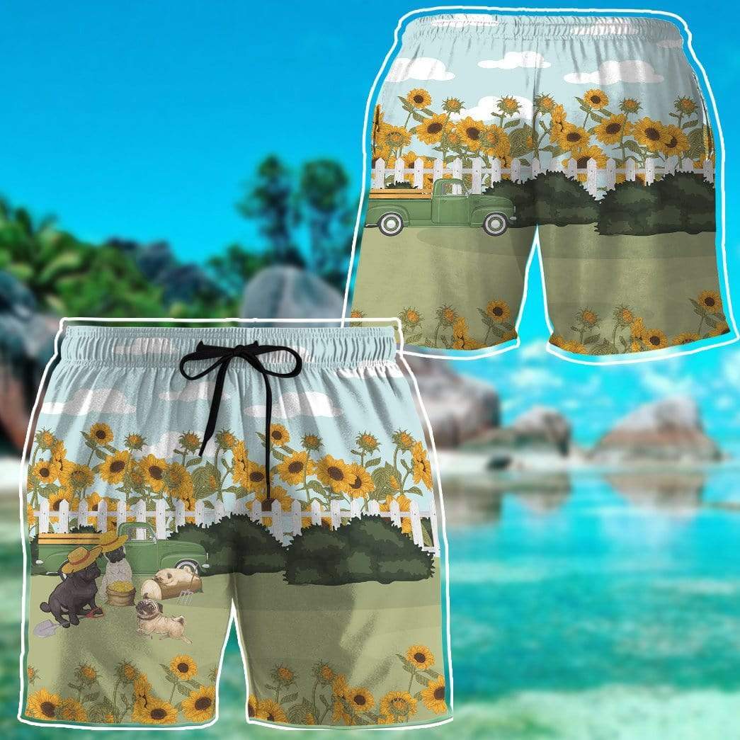 Gearhumans 3D Family Pug In The Garden Summer Beach Shorts Swim Trunks GV130718 Men Shorts