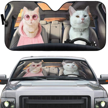 Gearhumans 3D Fashion Couple White Cats Custom Car Auto Sunshade