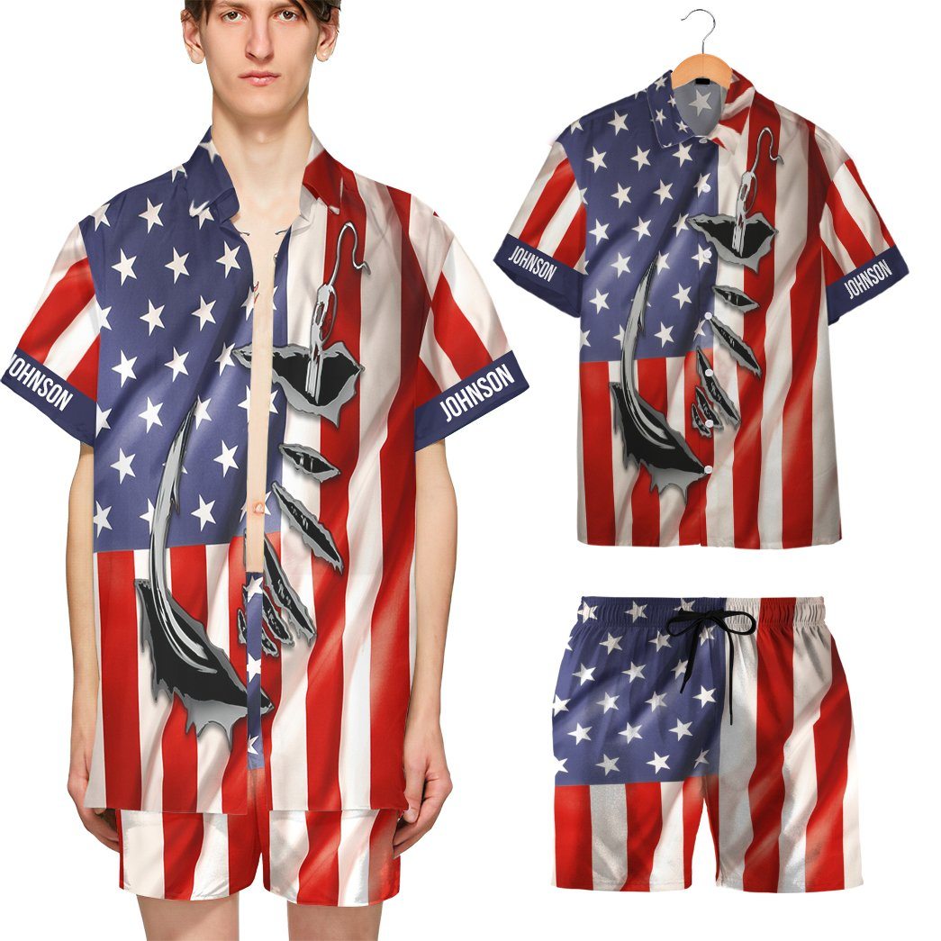 Gearhumans 3D Fishing Hooked American Flag Custom Text Short Sleeve Shirt GS09062114 Hawai Shirt 