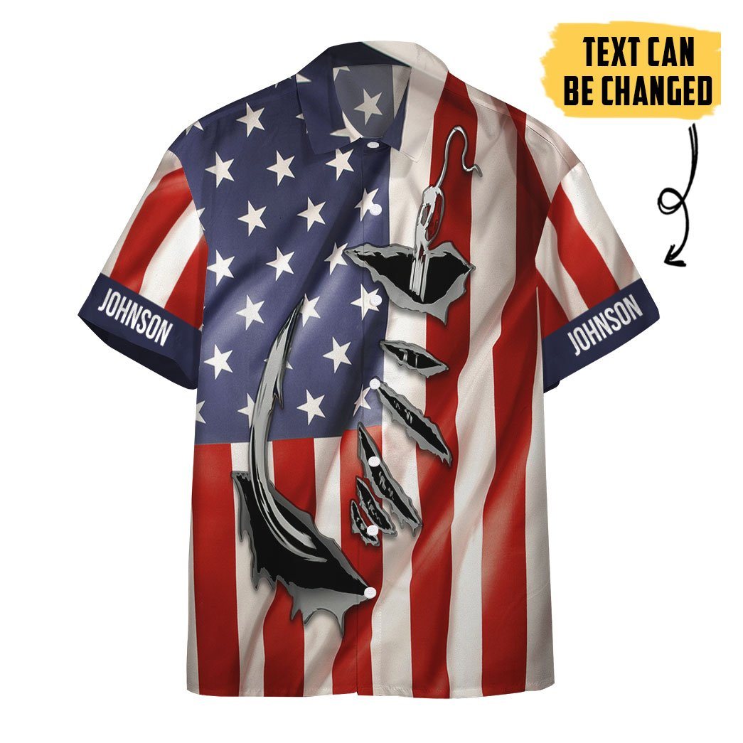 Gearhumans 3D Fishing Hooked American Flag Custom Text Short Sleeve Shirt GS09062114 Hawai Shirt Short Sleeve Shirt S 