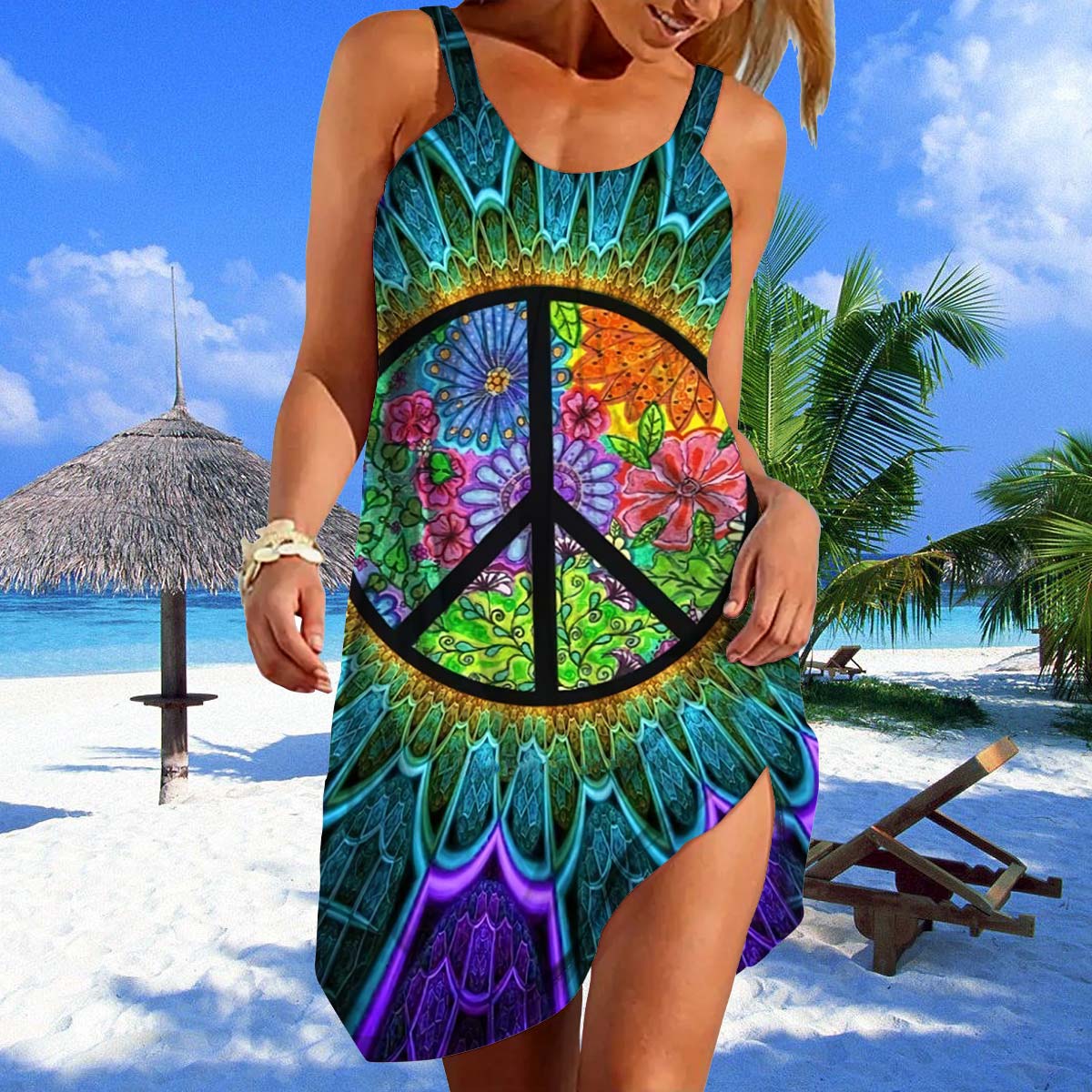 Gearhumans 3D Flowers Peace Sign Hippie Custom Sleeveless Beach Dress, Beach Dress / L