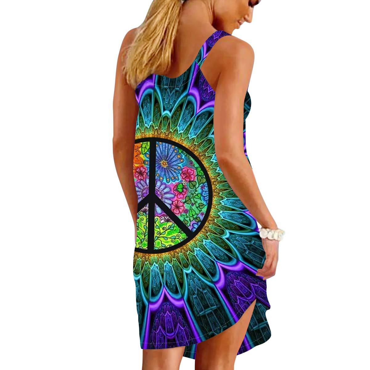 Gearhumans 3D Flowers Peace Sign Hippie Custom Sleeveless Beach Dress GO25062116 Beach Dress 