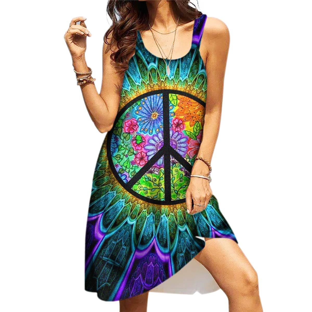 Gearhumans 3D Flowers Peace Sign Hippie Custom Sleeveless Beach Dress GO25062116 Beach Dress 