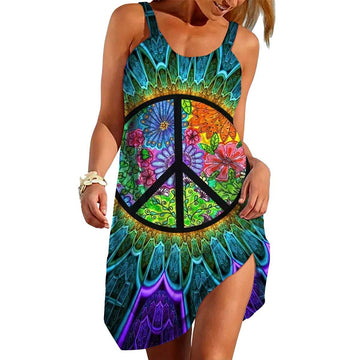 Gearhumans 3D Flowers Peace Sign Hippie Custom Sleeveless Beach Dress