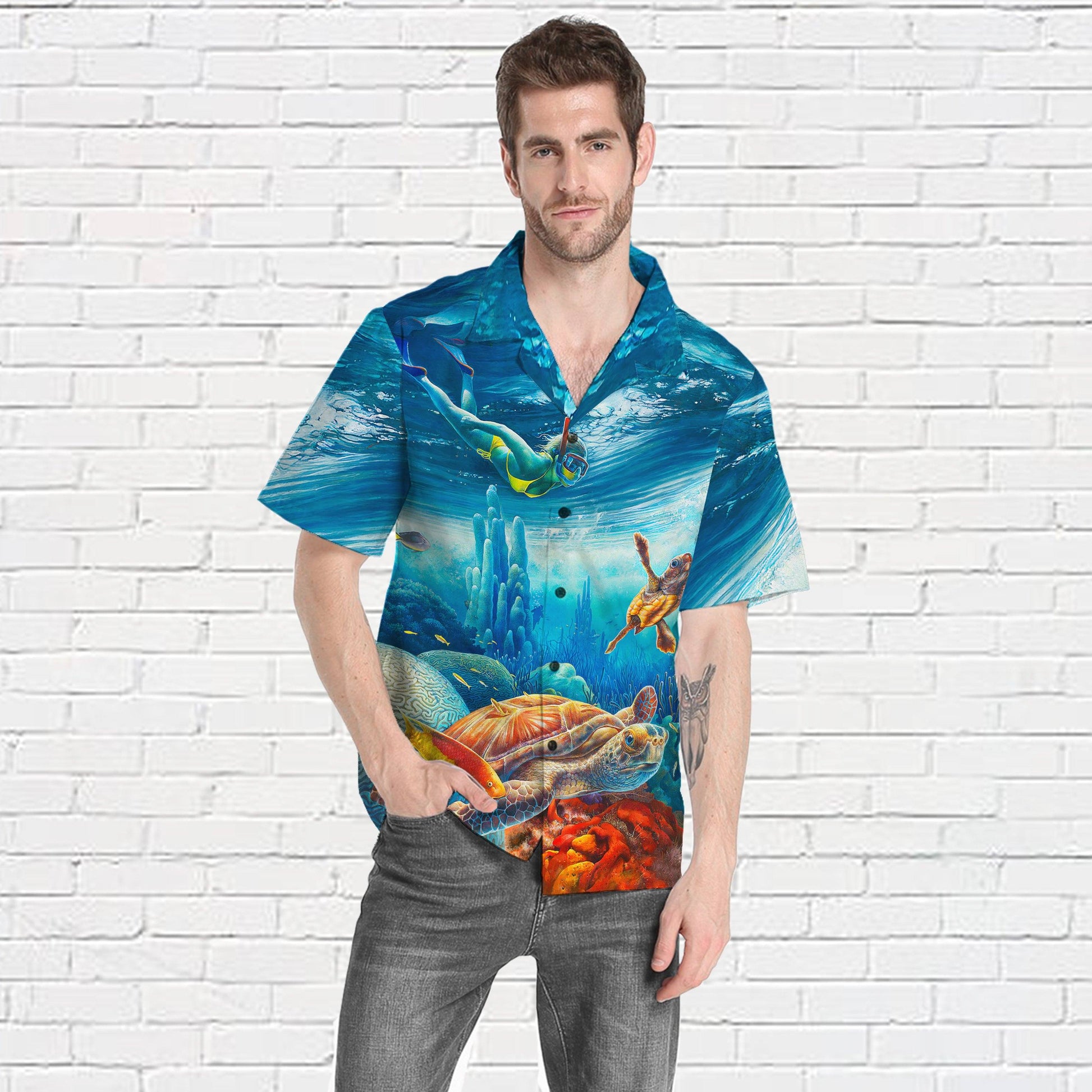 Gearhumans 3D Freediving With Sea Turtles Custom Short Sleeve Shirt GS16062117 Hawai Shirt 