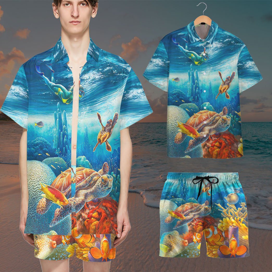 Gearhumans 3D Freediving With Sea Turtles Custom Short Sleeve Shirt GS16062117 Hawai Shirt 