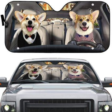 gearhumans 3D Friend Couple Corgi Dogs In Car Custom Car Auto Sunshade GV230621 Auto Sunshade 