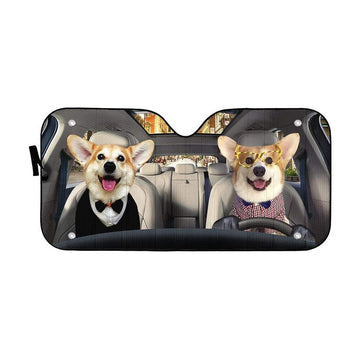 Gearhumans 3D Friend Couple Corgi Dogs In Car Custom Car Auto Sunshade