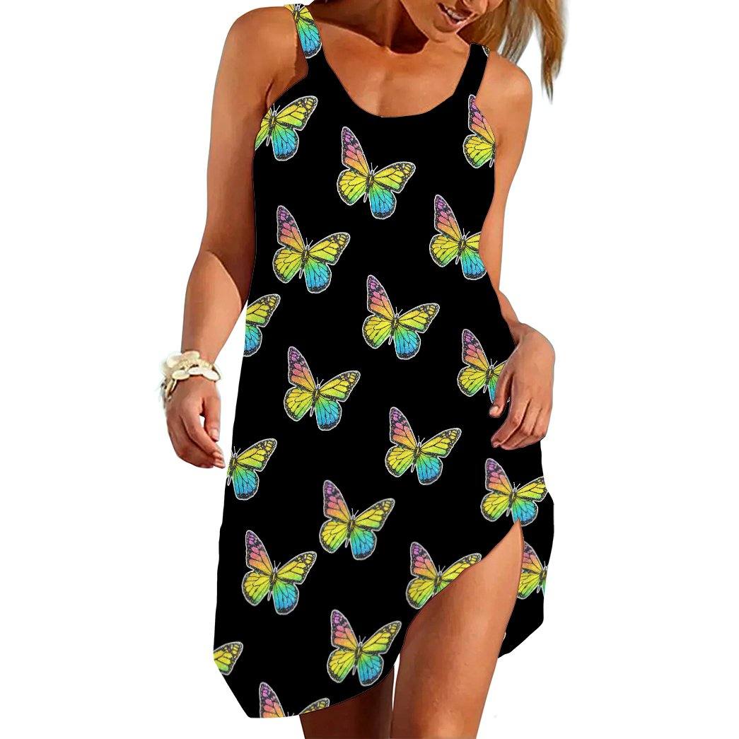 Gearhumans 3D Glittery Rainbow Butterfly Custom Sleeveless Beach Dress GO25062114 Beach Dress Beach Dress S 