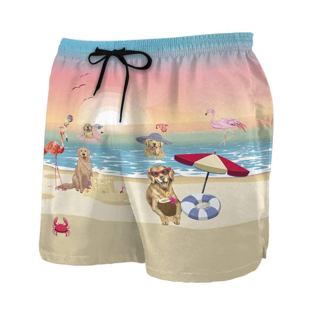 Gearhumans 3D Golden Retriever With Flamingo At The Beach Summer Beach Shorts Swim Trunks GV150714 Men Shorts