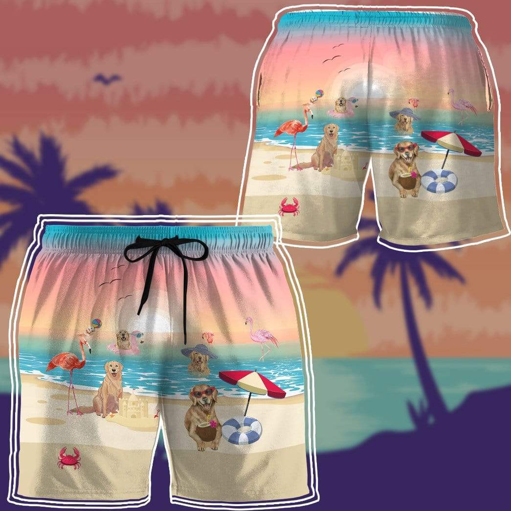 Gearhumans 3D Golden Retriever With Flamingo At The Beach Summer Beach Shorts Swim Trunks GV150714 Men Shorts