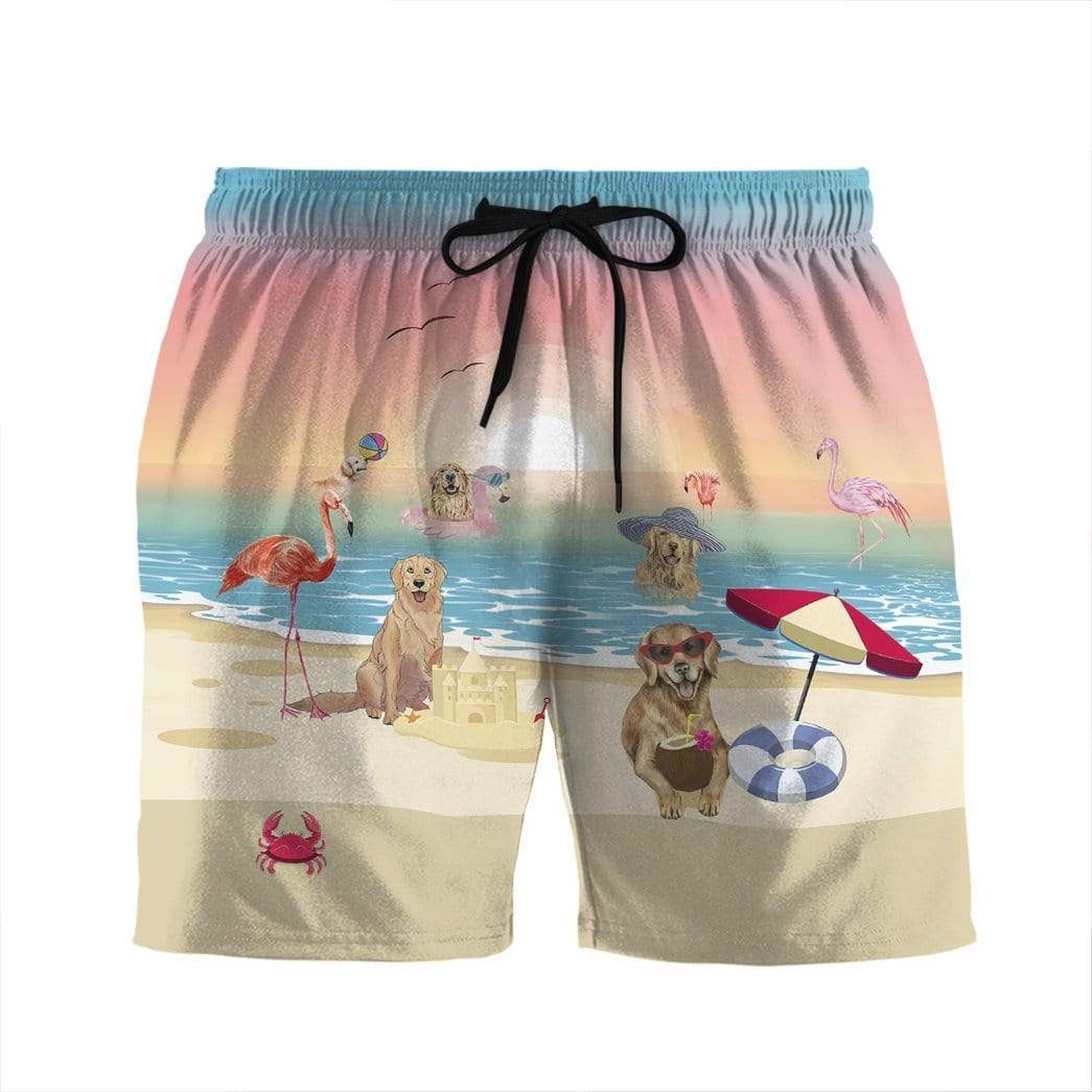 Gearhumans 3D Golden Retriever With Flamingo At The Beach Summer Beach Shorts Swim Trunks GV150714 Men Shorts Men Shorts S