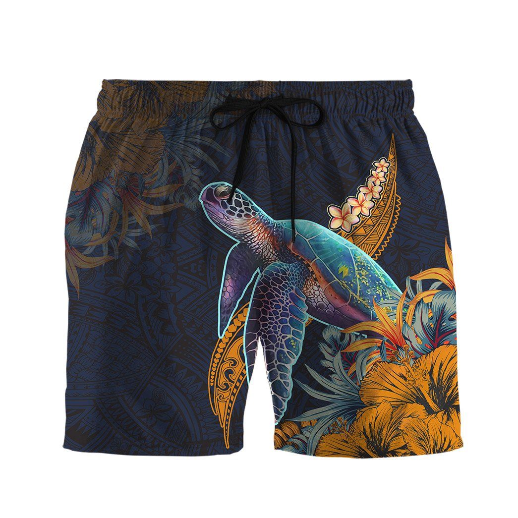 Gearhumans 3D Hawaiian Polynesian Sea Turtle Hibiscus Custom Beach Sho