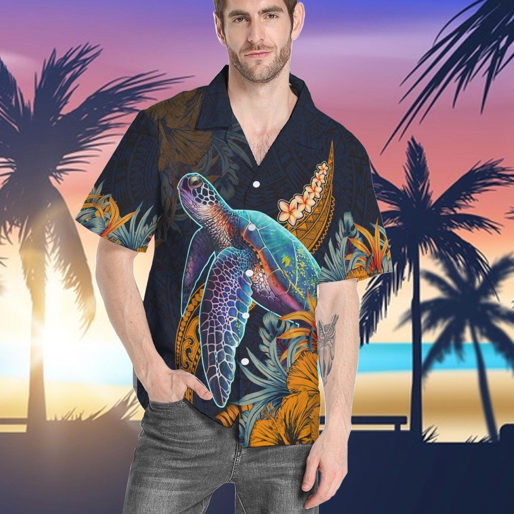 Gearhumans 3D Hawaiian Polynesian Sea Turtle Hibiscus Custom Short Sleeve Shirt GS2906219 Hawai Shirt 