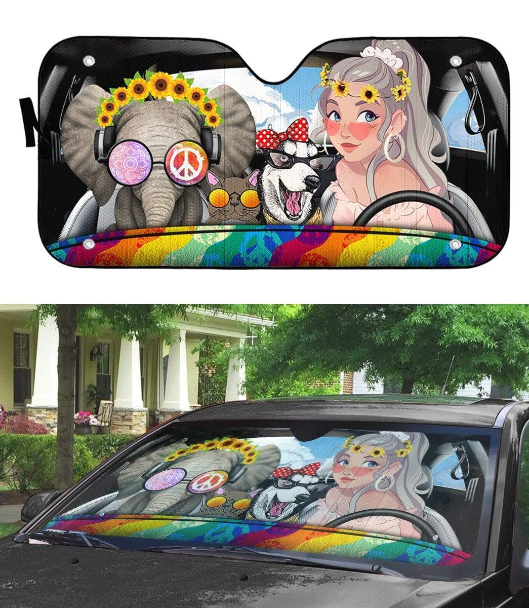 gearhumans 3D Hippie Girl Custom Car Auto Sunshade GV190713 Auto Sunshade 