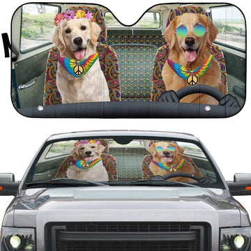 Gearhumans 3D Hippie Golden Retriever Custom Car Auto Sunshade