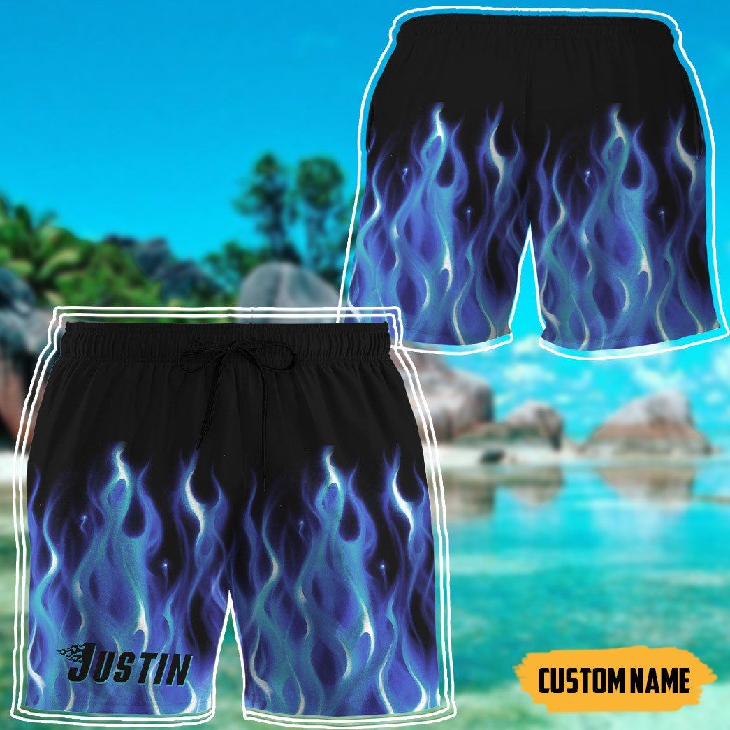 Gearhumans 3D Hot Rod Blue Flame Bowling Custom Name Beach Shorts Swim Trunks GO28052114 Men Shorts 