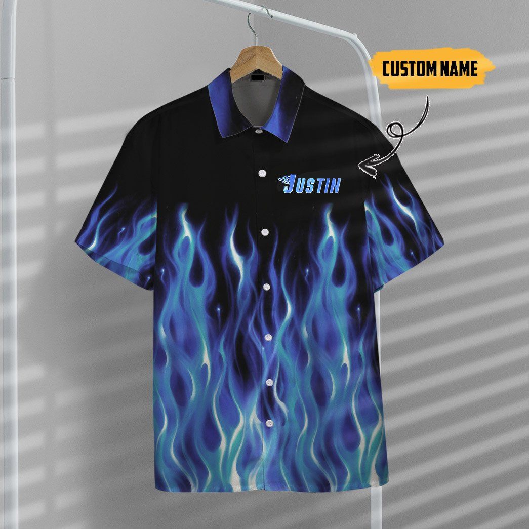 Gearhumans 3D Hot Rod Blue Flame Bowling Custom Name Hawaii Shirt GO28052113 Hawai Shirt 