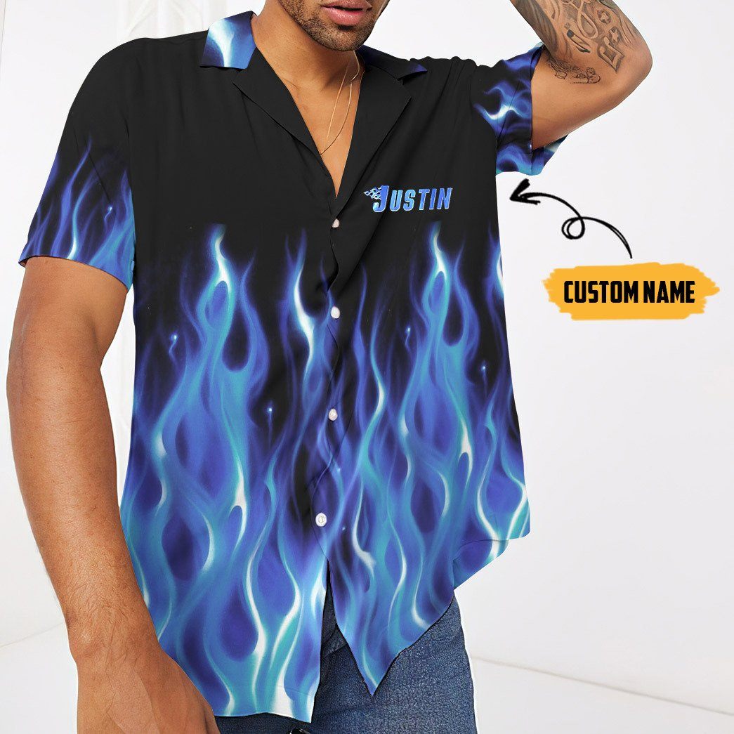 Gearhumans 3D Hot Rod Blue Flame Bowling Custom Name Hawaii Shirt GO28052113 Hawai Shirt 